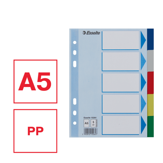 Separador Esselte, De PP, A5 Multicolor 5 Pestañas En Blanco A5