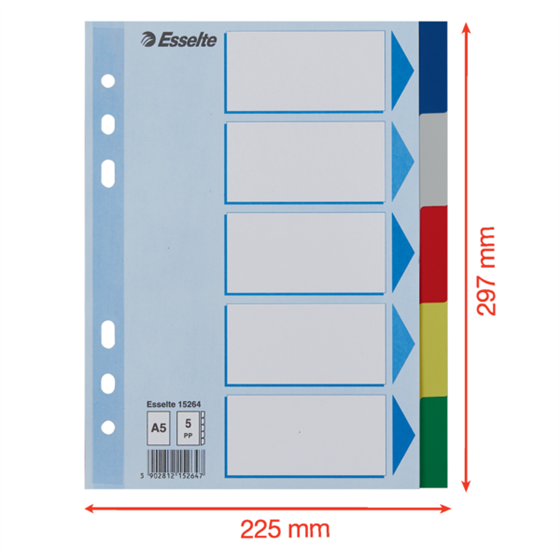 Separador Esselte, De PP, A5 Multicolor 5 Pestañas En Blanco A5