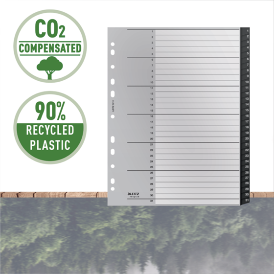 Índice Leitz Recycle, PP, Extra Ancho, Co2 Compensado Negro 1-31 A4 Maxi