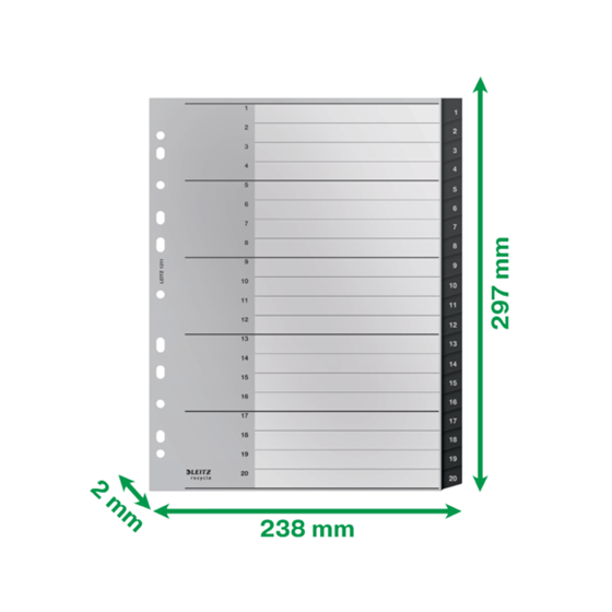 Índice Leitz Recycle, PP, Extra Ancho, Co2 Compensado Negro 1-20 A4 Maxi