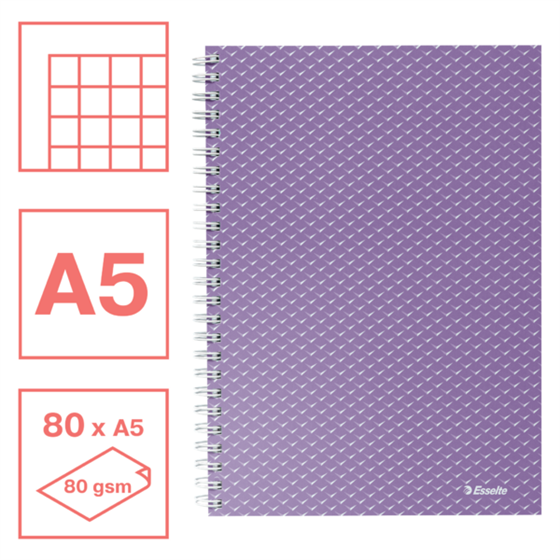 Cuaderno A5 cuadriculado, encuadernado wiro Esselte Colour'Breeze lavanda 80 H. .