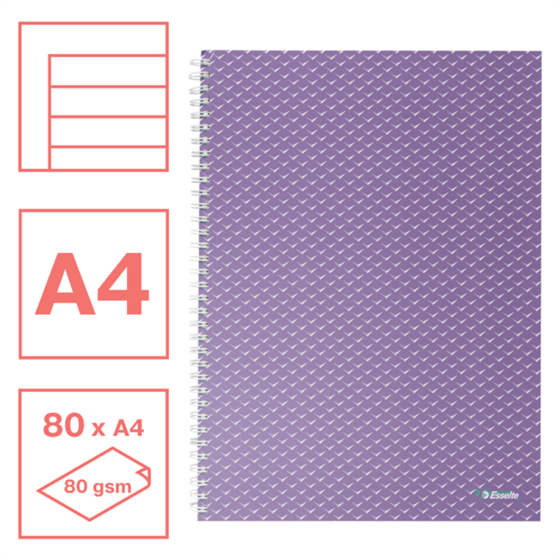 Cuaderno A4 con pauta rayada, encuadernado wiro Esselte Colour'Breeze lavanda 80 H. .