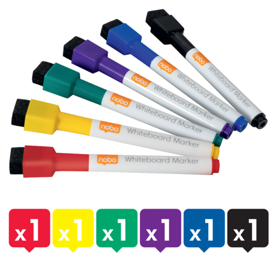 Mini Rotulador Para Pizarra Blanca Nobo Con Tapa De Borrador Magnética, Paquete De 6 Colores Surtidos. Surtidos