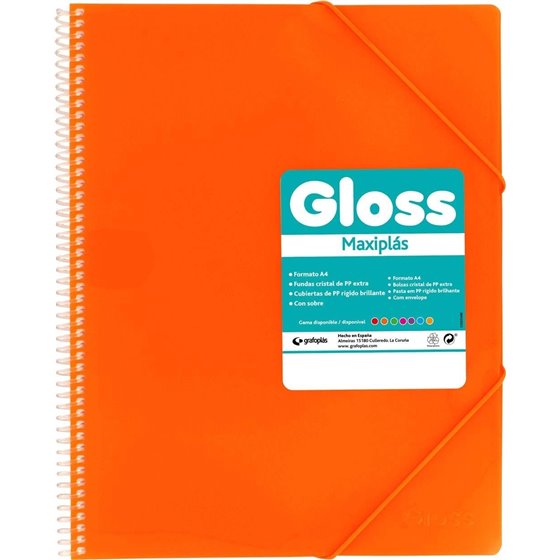 Carpeta Fundas Espiral Gomas GRAFOPLAS Maxiplas Gloss A4 50 Hojas Color Naranja