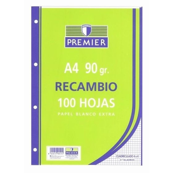 Recambio TAURO Premier A4 100 Hojas 90 g. 4T Modelo Cuadros 4 mm.