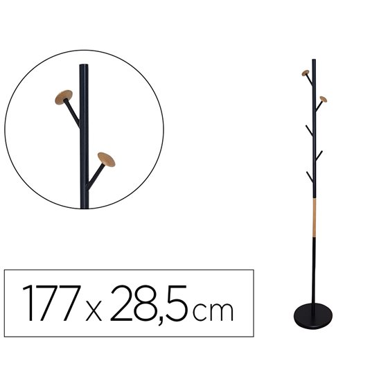 Perchero Metalico Q-Connect Negro Con Detalles De Madera 5 Colgadores 177X28,5 Cm