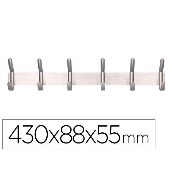 Perchero Liderpapel Pared Metalico 6 Colgadores Color Plata Mate 430X88X55 Mm