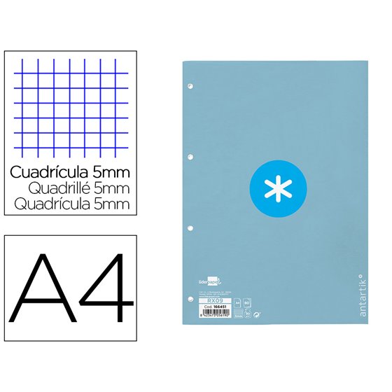 Recambio Liderpapel A4 Antartik 80 Hojas 90G/M2 Cuadro 5Mm 4 Taladros 1 Banda Con Marco Color Celeste