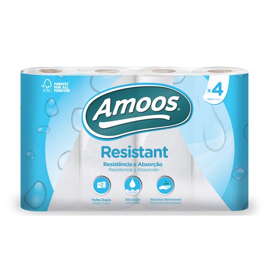 Papel De Cocina Amoos 2 Capas 100 Mm Diametro X 224 Mm Alto 42G/M2 36 Servicios Paquete De 4 Rollos