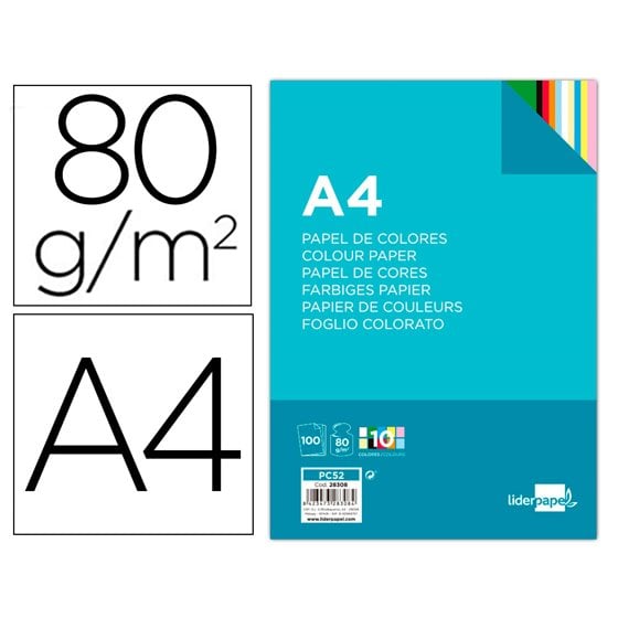 Papel Color Liderpapel A4 80Gr 10 Colores Surtidos Paquete De 100 Hojas