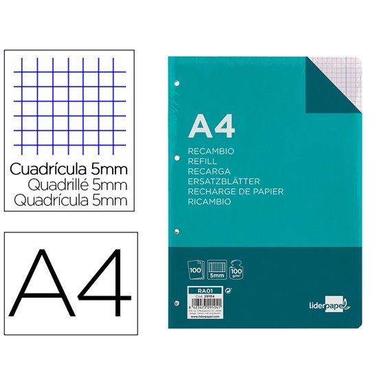 Recambio Liderpapel A4 100 Hojas 100G/M2 Cuadro 5Mm Con Margen 4 Taladros