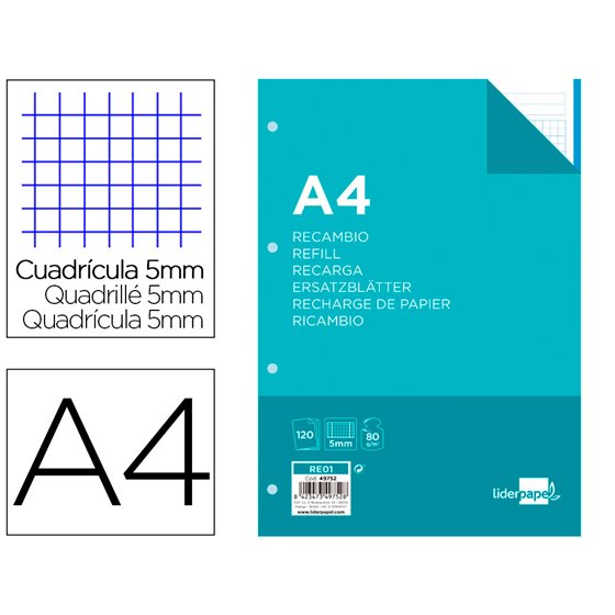 Recambio Liderpapel A4 120 Hojas 80G/M2 Cuadro 5Mm Sin Margen 4 Taladros Bandas De 5 Colores