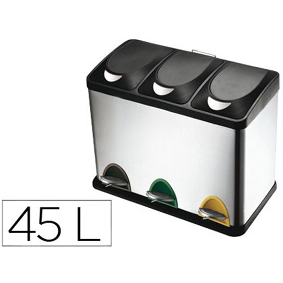 Papelera Contenedor Q-Connect Metalica Con Tapadera De Plastico Y Pedal 3 Depositos 45L 605X340X485 Mm