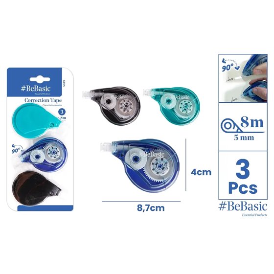 Corrector Cinta BEBASIC 5 mm. x 8 m. Blister x3 Unidades