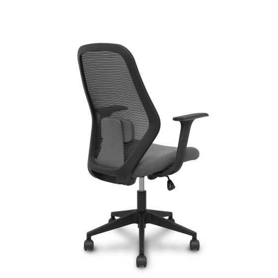 Silla Ergo529 respaldo malla negro asiento tela gris base piramidal ruedas nailon