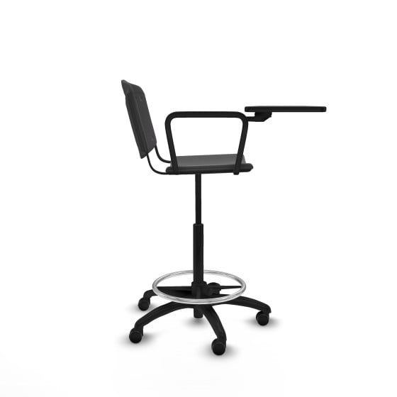 Taburete Robledo giratorio plástico negro brazo con pala diestros base poliamida ruedas engomadas 50mm