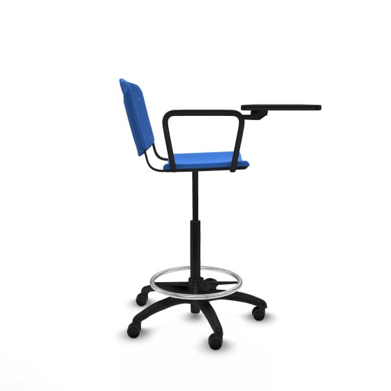 Taburete Robledo giratorio plástico azul brazo con pala diestros base poliamida ruedas autofrenantes 50mm