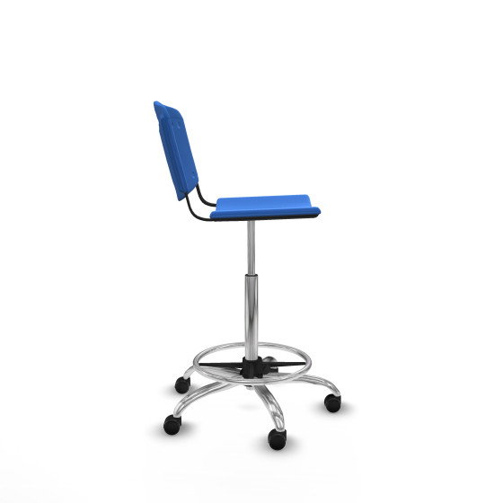 Taburete Robledo giratorio plástico azul sin brazos base cromada ruedas engomadas 50mm