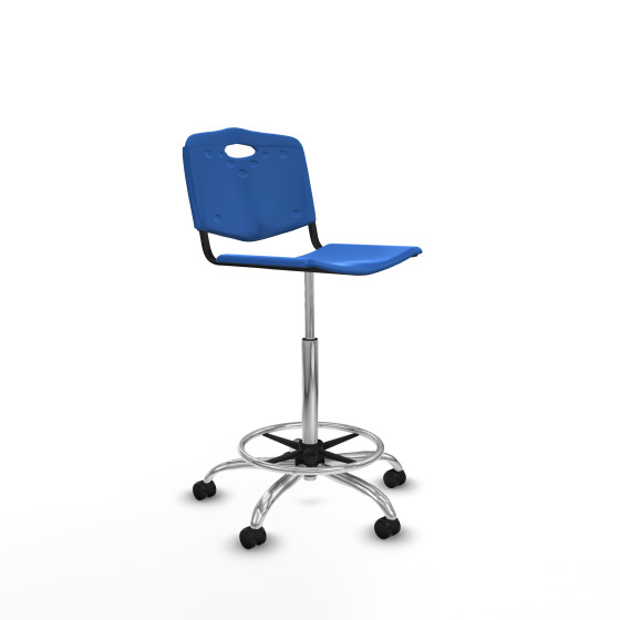 Taburete Robledo giratorio plástico azul sin brazos base cromada ruedas autofrenantes 50mm
