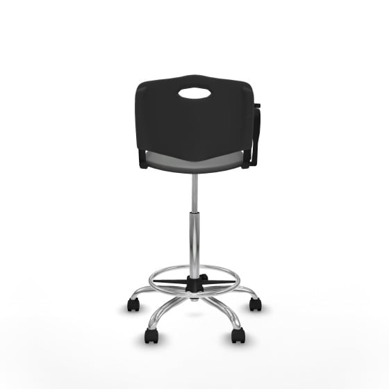 Taburete Robledo giratorio plástico negro brazo con pala diestros base cromada ruedas nailon 50mm