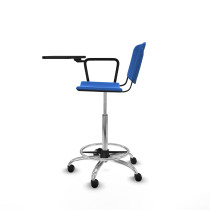 Taburete Robledo giratorio plástico azul brazo con pala diestros base cromada ruedas engomadas 50mm