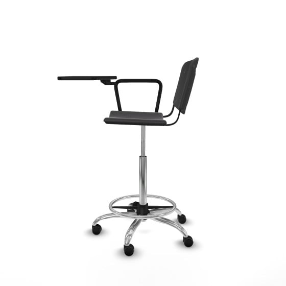 Taburete Robledo giratorio plástico negro brazo con pala diestros base cromada ruedas engomadas 50mm
