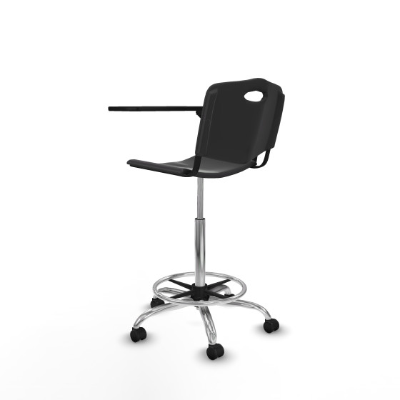 Taburete Robledo giratorio plástico negro brazo con pala diestros base cromada ruedas engomadas 50mm