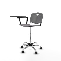 Taburete Robledo giratorio plástico gris claro brazo con pala diestros base cromada ruedas engomadas 50mm