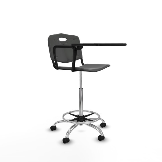 Taburete Robledo giratorio plástico gris oscuro brazo con pala diestros base cromada ruedas engomadas 50mm