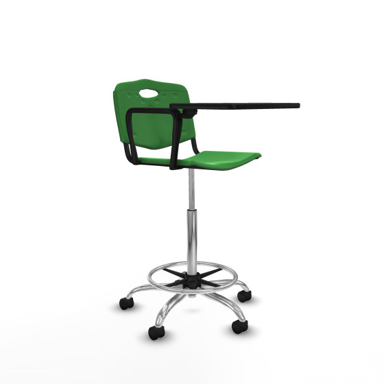 Taburete Robledo giratorio plástico verde brazo con pala diestros base cromada ruedas nailon 50mm