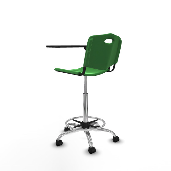 Taburete Robledo giratorio plástico verde brazo con pala diestros base cromada ruedas nailon 50mm