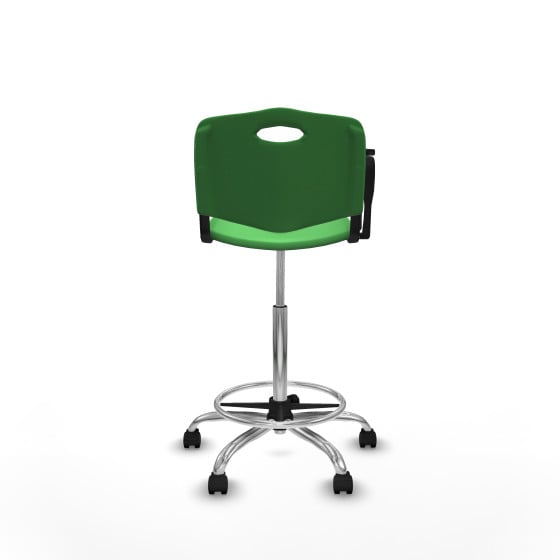 Taburete Robledo giratorio plástico verde brazo con pala diestros base cromada ruedas nailon 50mm
