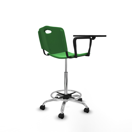 Taburete Robledo giratorio plástico verde brazo con pala diestros base cromada ruedas nailon 50mm