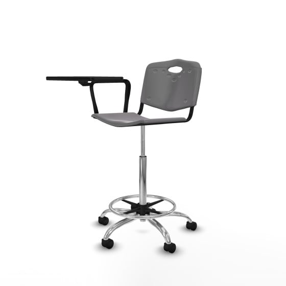 Taburete Robledo giratorio plástico gris claro brazo con pala diestros base cromada ruedas nailon 50mm