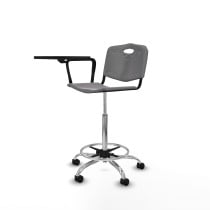 Taburete Robledo giratorio plástico gris claro brazo con pala diestros base cromada ruedas nailon 50mm