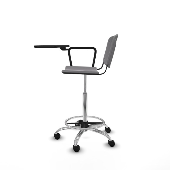 Taburete Robledo giratorio plástico gris claro brazo con pala diestros base cromada ruedas nailon 50mm