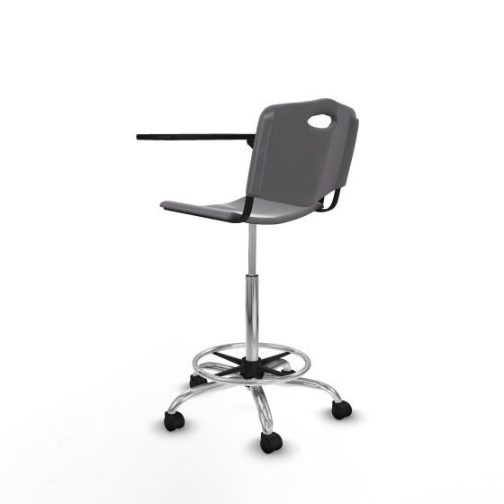 Taburete Robledo giratorio plástico gris claro brazo con pala diestros base cromada ruedas nailon 50mm