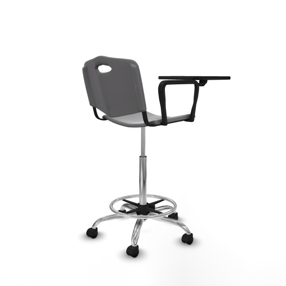 Taburete Robledo giratorio plástico gris claro brazo con pala diestros base cromada ruedas nailon 50mm