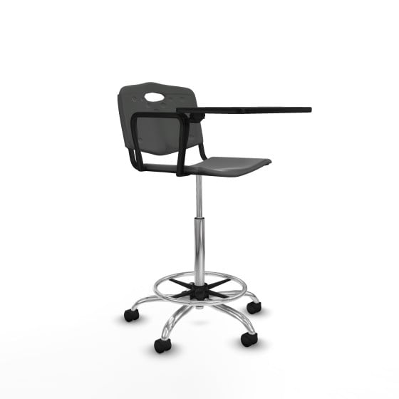 Taburete Robledo giratorio plástico gris oscuro brazo con pala diestros base cromada ruedas nailon 50mm