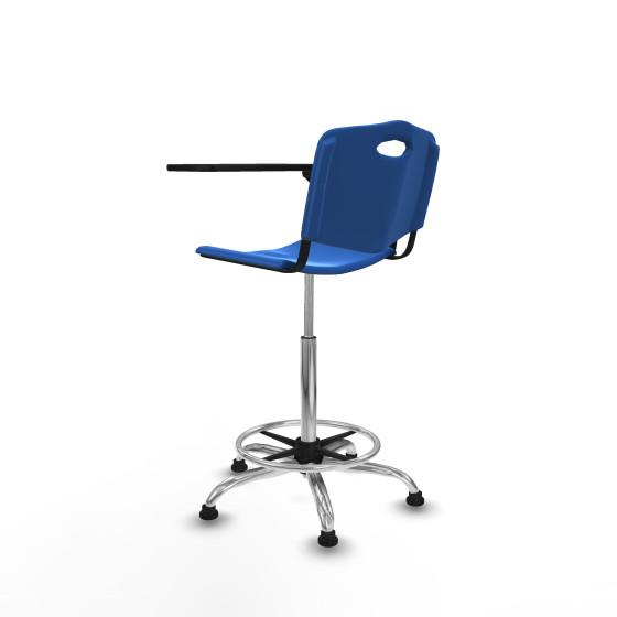 Taburete Robledo giratorio plástico azul brazo con pala diestros base cromada topes