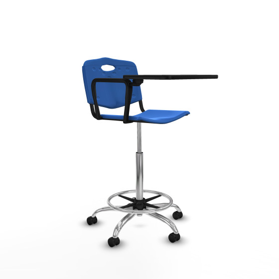 Taburete Robledo giratorio plástico azul brazo con pala diestros base cromada ruedas autofrenantes 50mm
