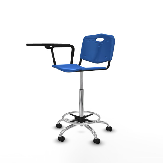 Taburete Robledo giratorio plástico azul brazo con pala diestros base cromada ruedas autofrenantes 50mm