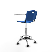 Taburete Robledo giratorio plástico azul brazo con pala diestros base cromada ruedas autofrenantes 50mm