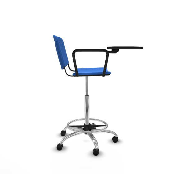 Taburete Robledo giratorio plástico azul brazo con pala diestros base cromada ruedas autofrenantes 50mm