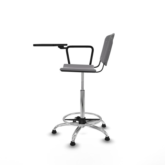 Taburete Robledo giratorio plástico gris claro brazo con pala diestros base cromada topes
