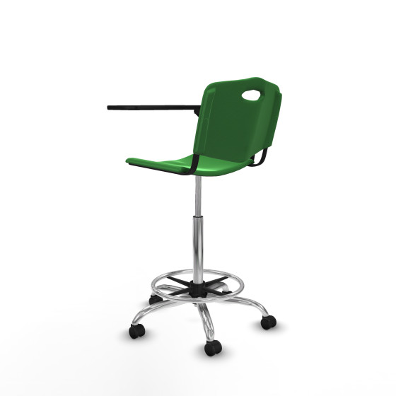 Taburete Robledo giratorio plástico verde brazo con pala diestros base cromada ruedas autofrenantes 50mm
