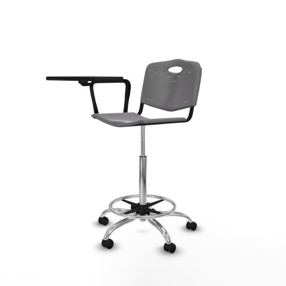 Taburete Robledo giratorio plástico gris claro brazo con pala diestros base cromada ruedas autofrenantes 50mm