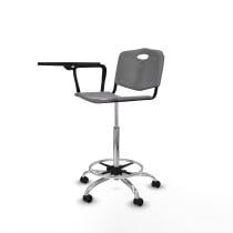 Taburete Robledo giratorio plástico gris claro brazo con pala diestros base cromada ruedas autofrenantes 50mm