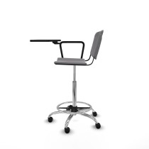 Taburete Robledo giratorio plástico gris claro brazo con pala diestros base cromada ruedas autofrenantes 50mm