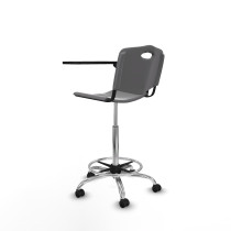 Taburete Robledo giratorio plástico gris claro brazo con pala diestros base cromada ruedas autofrenantes 50mm